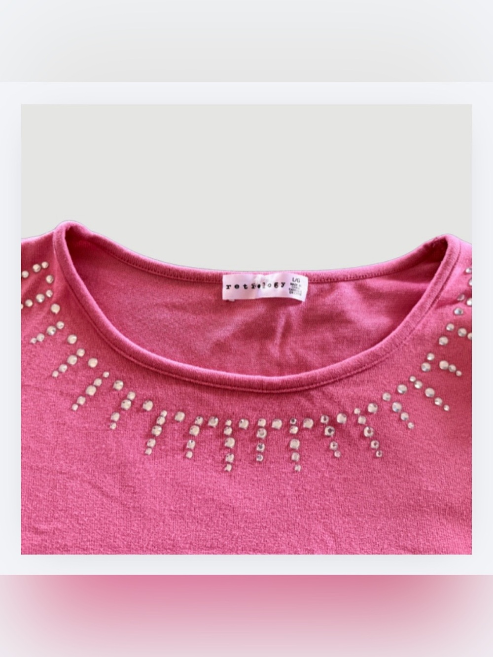 Retrology Pink Puffed Sleeve Embellished Blouse, Rhinestone Neckline, Size L - Picture 5 of 5